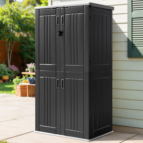 DWVO storage shed interior shows adjustable shelves for flexible tool storage.