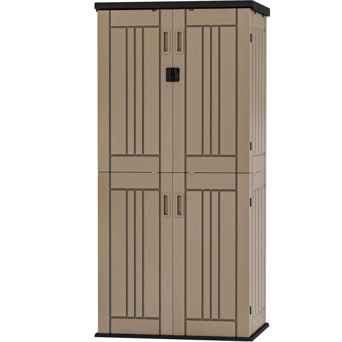 DWVO outdoor vertical shed front view showcases tall footprint and large storage potential.