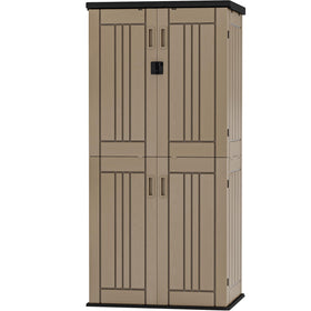 DWVO outdoor vertical shed front view showcases tall footprint and large storage potential.
