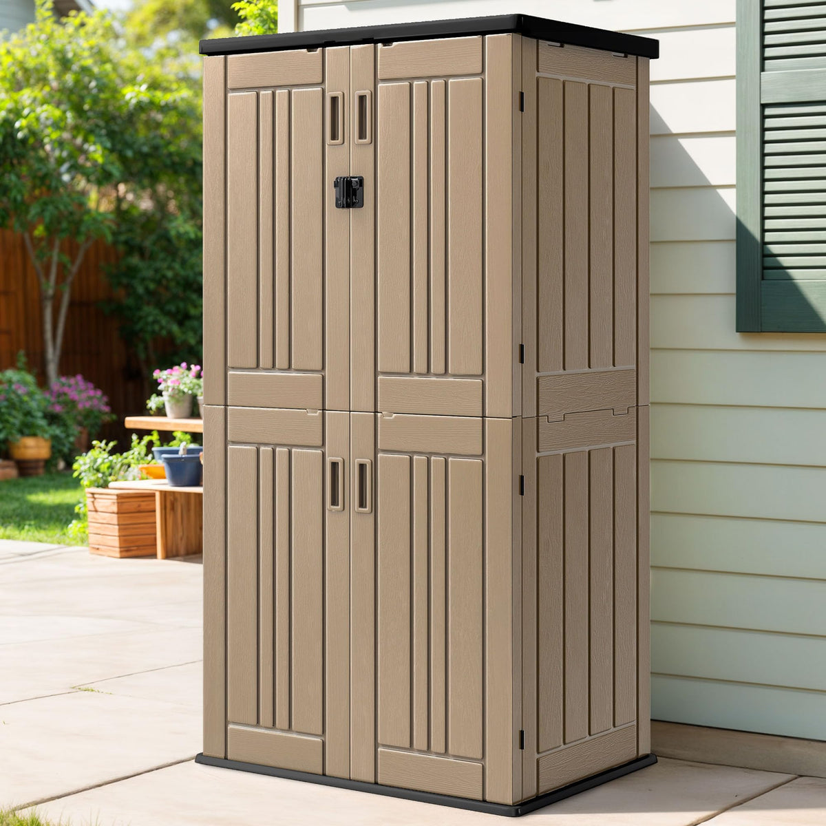 DWVO storage shed side profile highlighting wide door opening for easy tool access.