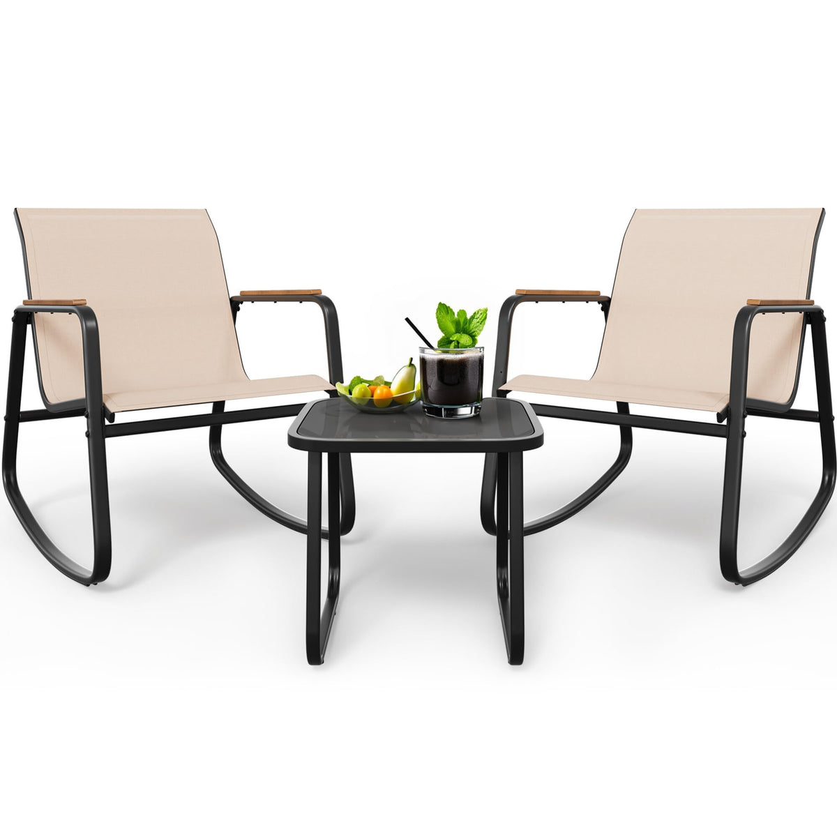 DWVO patio rocking bistro set in beige table provides cozy outdoor dining.