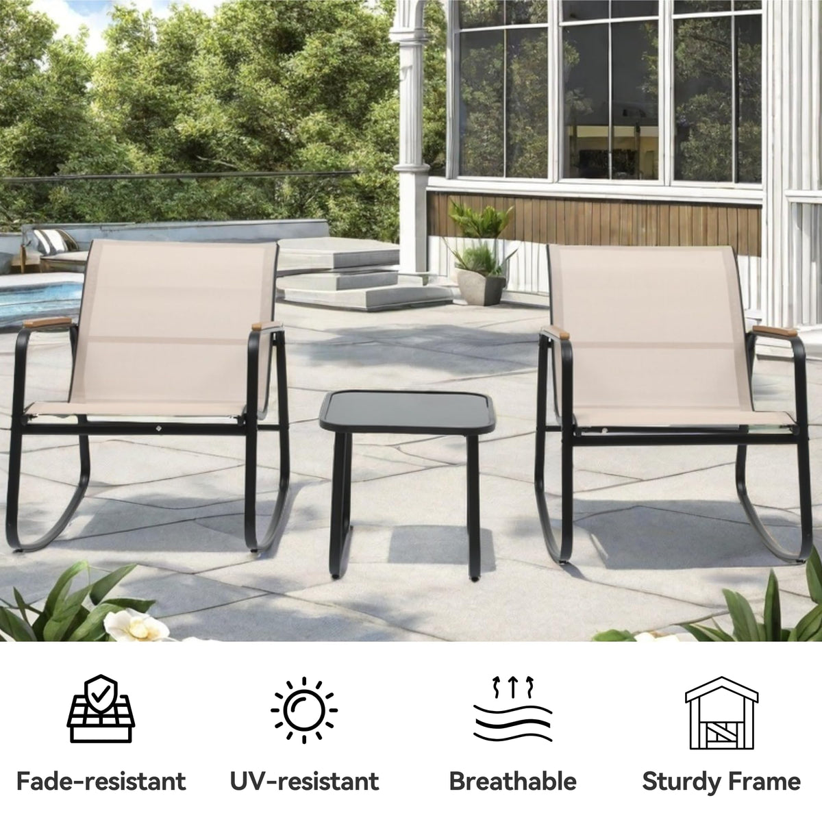DWVO rocking chairs with wooden armrests offer comfortable ergonomic seating.