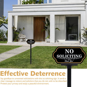 DXSIGN No Soliciting Sign close-up highlights gold lettering and decorative border.