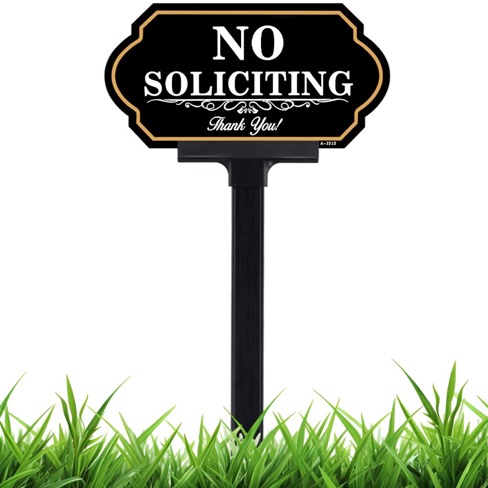 DXSIGN No Soliciting Sign on 40mil aluminum with bold gold lettering for outdoor visibility.