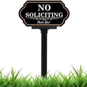 DXSIGN No Soliciting Sign on 40mil aluminum with bold gold lettering for outdoor visibility.