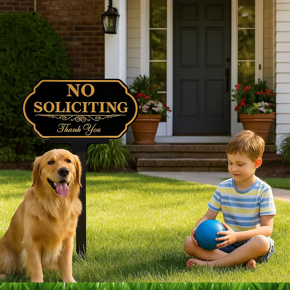 DXSIGN No Soliciting sign with extended stake for adjustable yard height.
