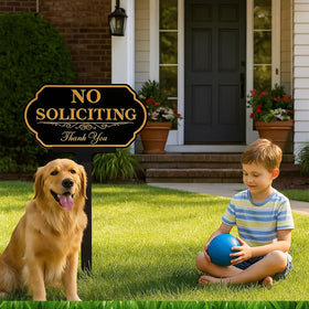 DXSIGN No Soliciting sign with extended stake for adjustable yard height.