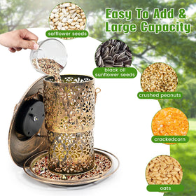 DY-SKTY bird feeder with drainage holes keeps seed dry in rain.