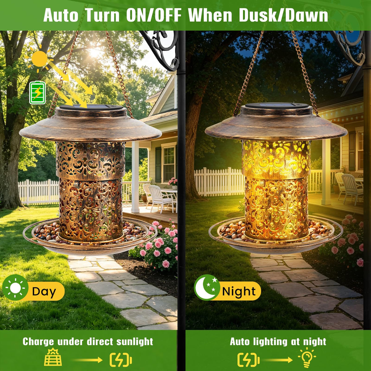 DY-SKTY solar bird feeder with lantern provides garden illumination at night.