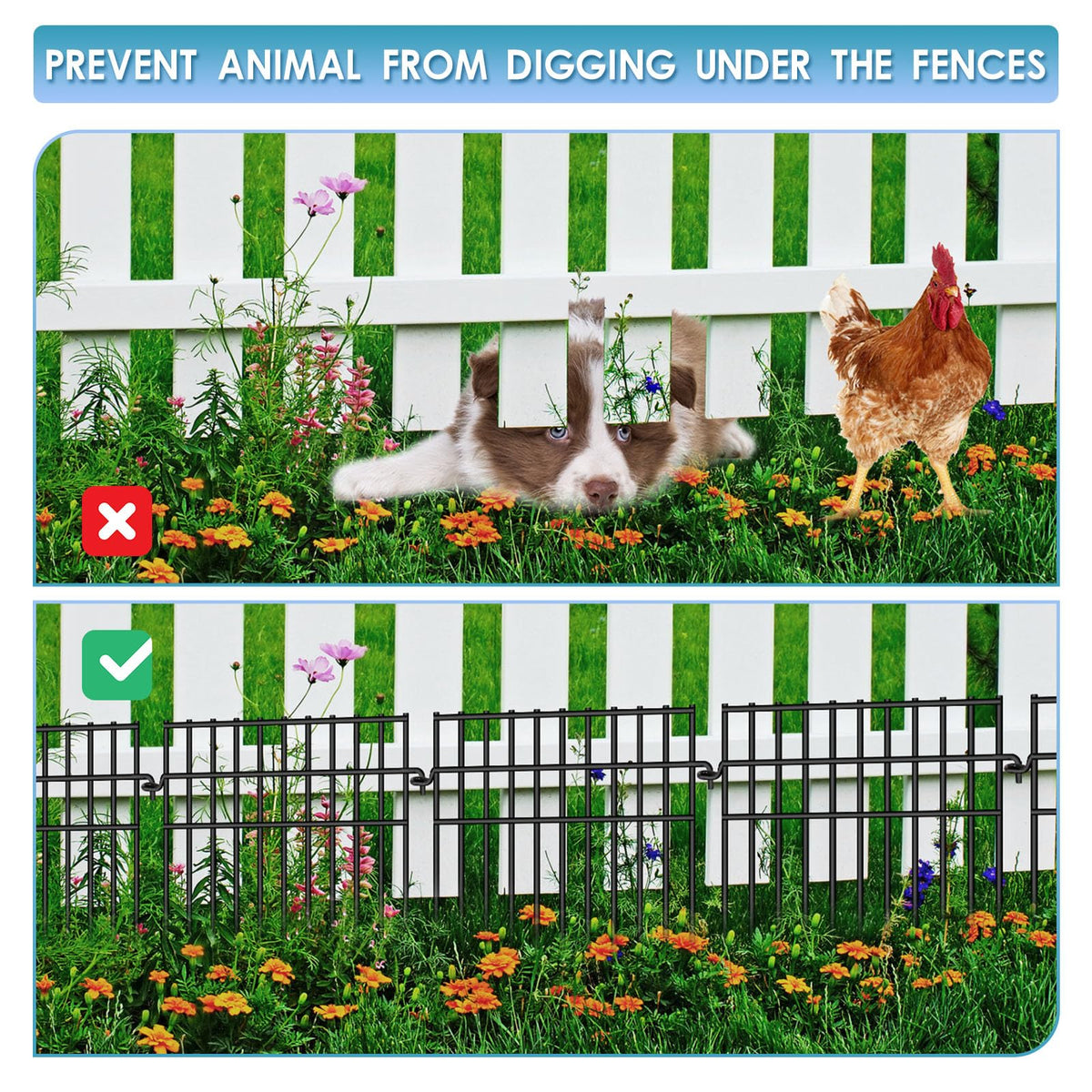 Dyemair decorative border fence protects flowers from rabbits.