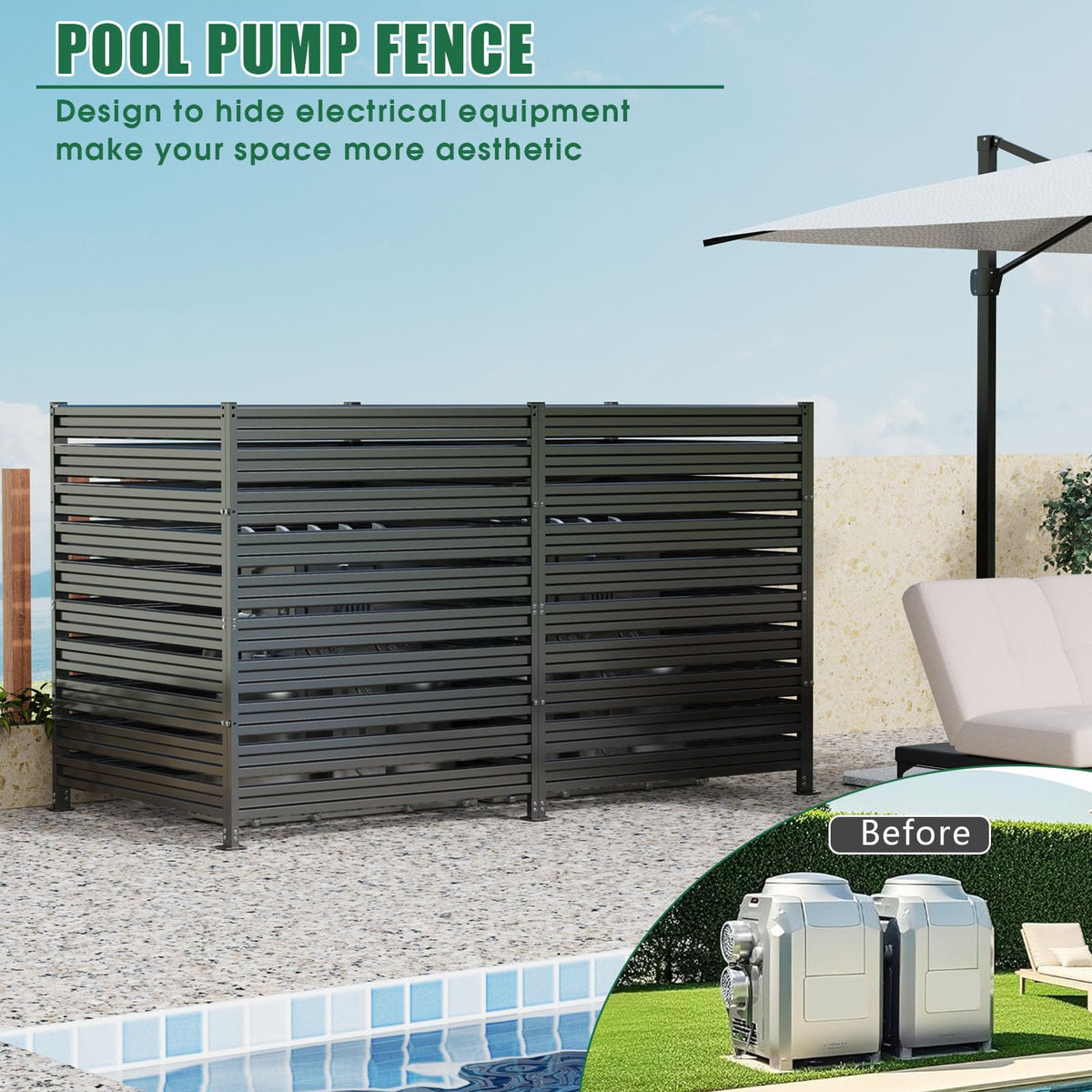 Dyemair outdoor fence protects pool equipment and reduces noise during operation.