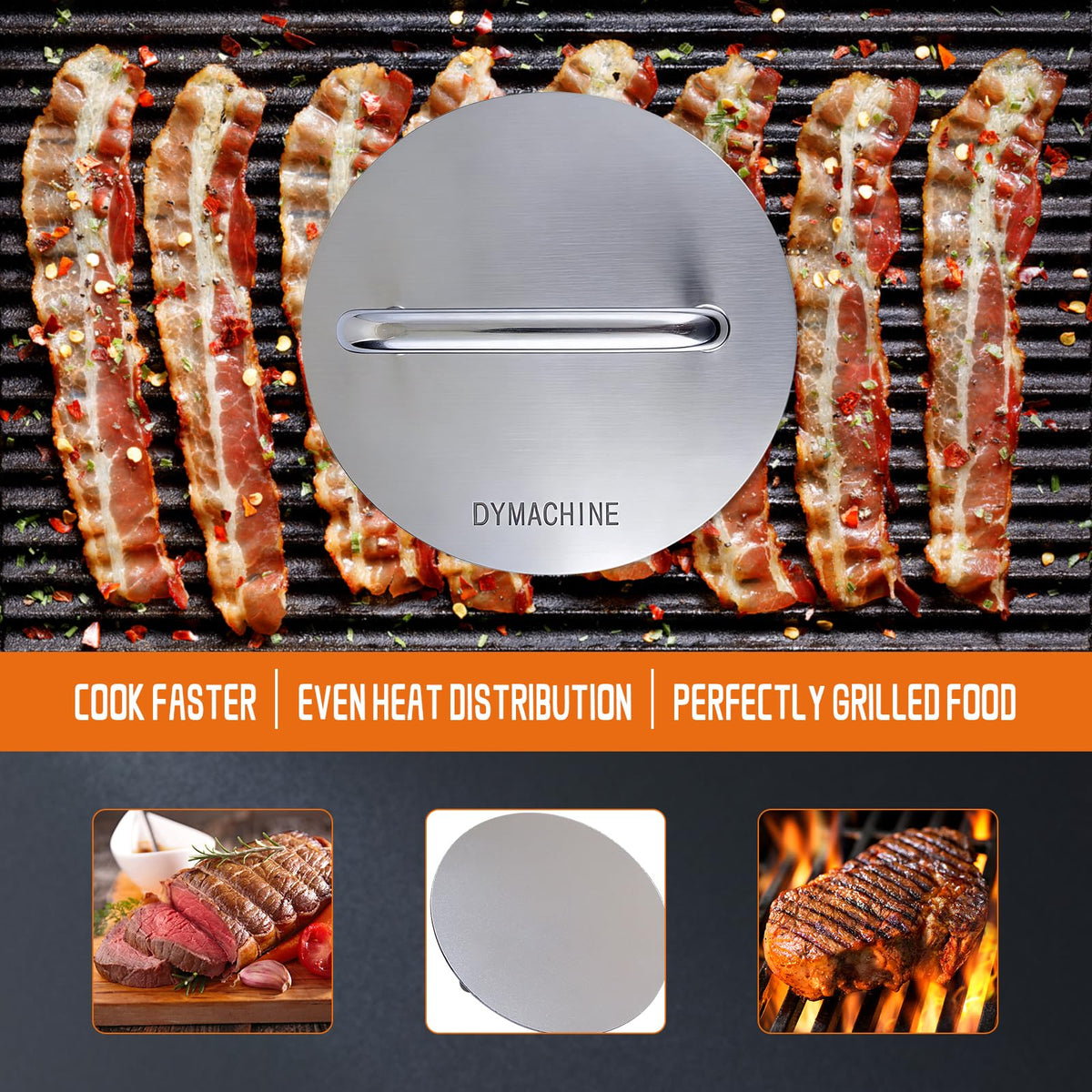 DYMACHINE heavy-duty griddle press supports fast, consistent browning.