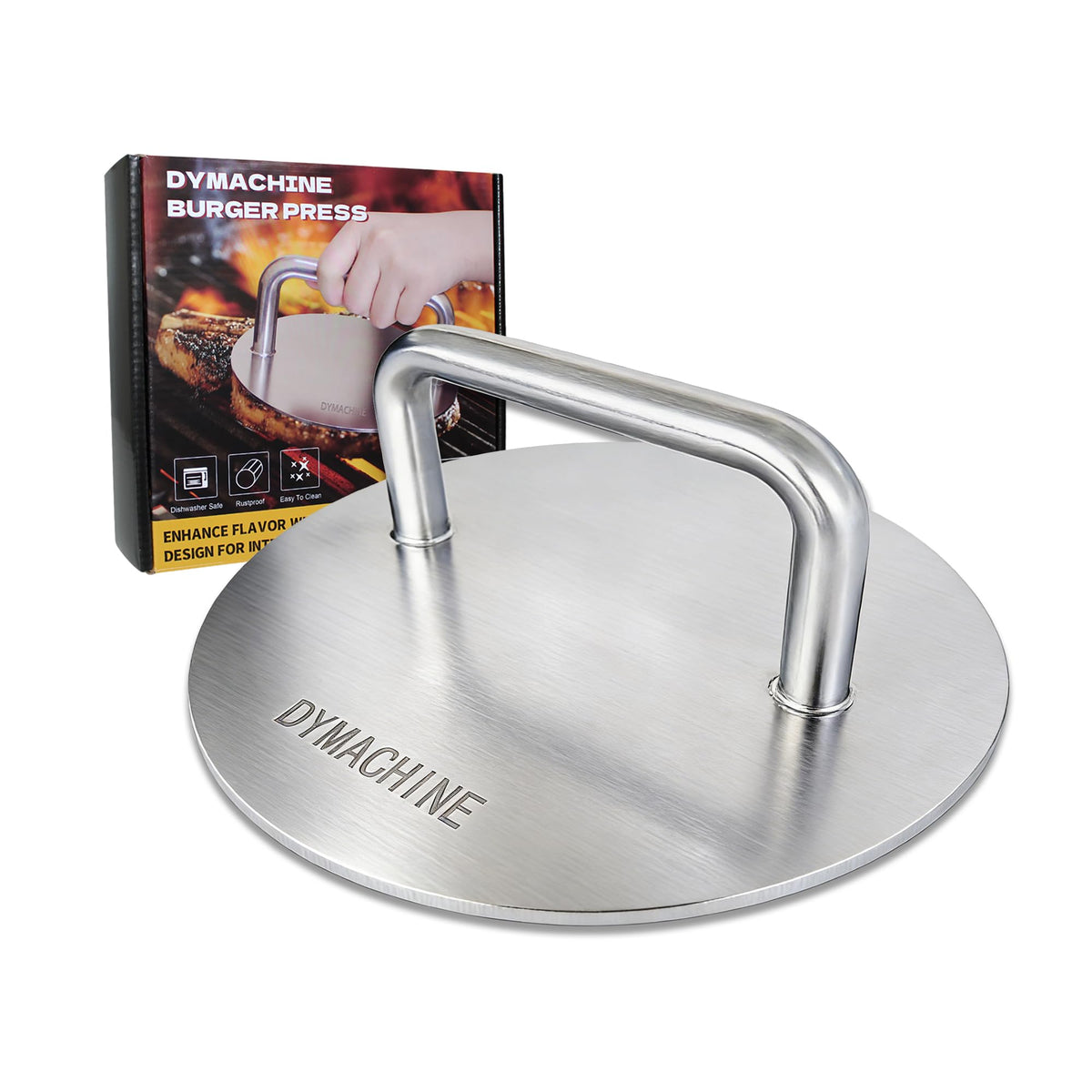 DYMACHINE Smash Burger Press shapes a uniform 7-inch patty for even cooking.