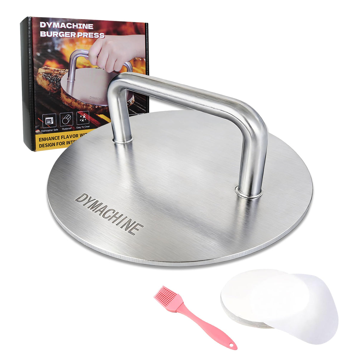 DYMACHINE Smash Burger Press in stainless steel for even patties and quick cooking.