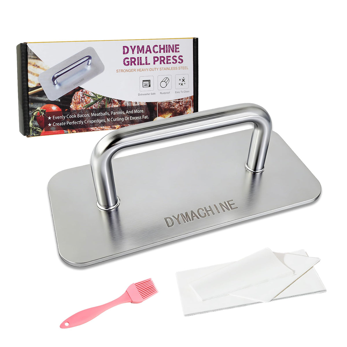 DYMACHINE stainless steel burger press front view for even patties.