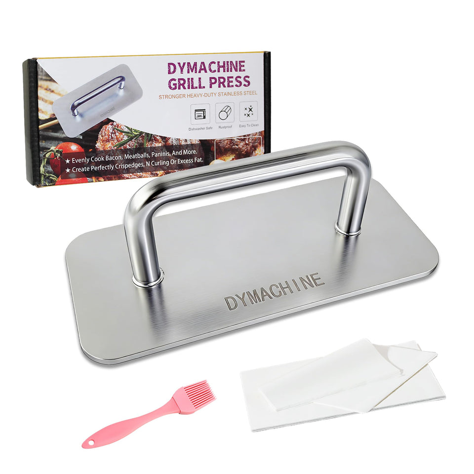 DYMACHINE stainless steel burger press front view for even patties.