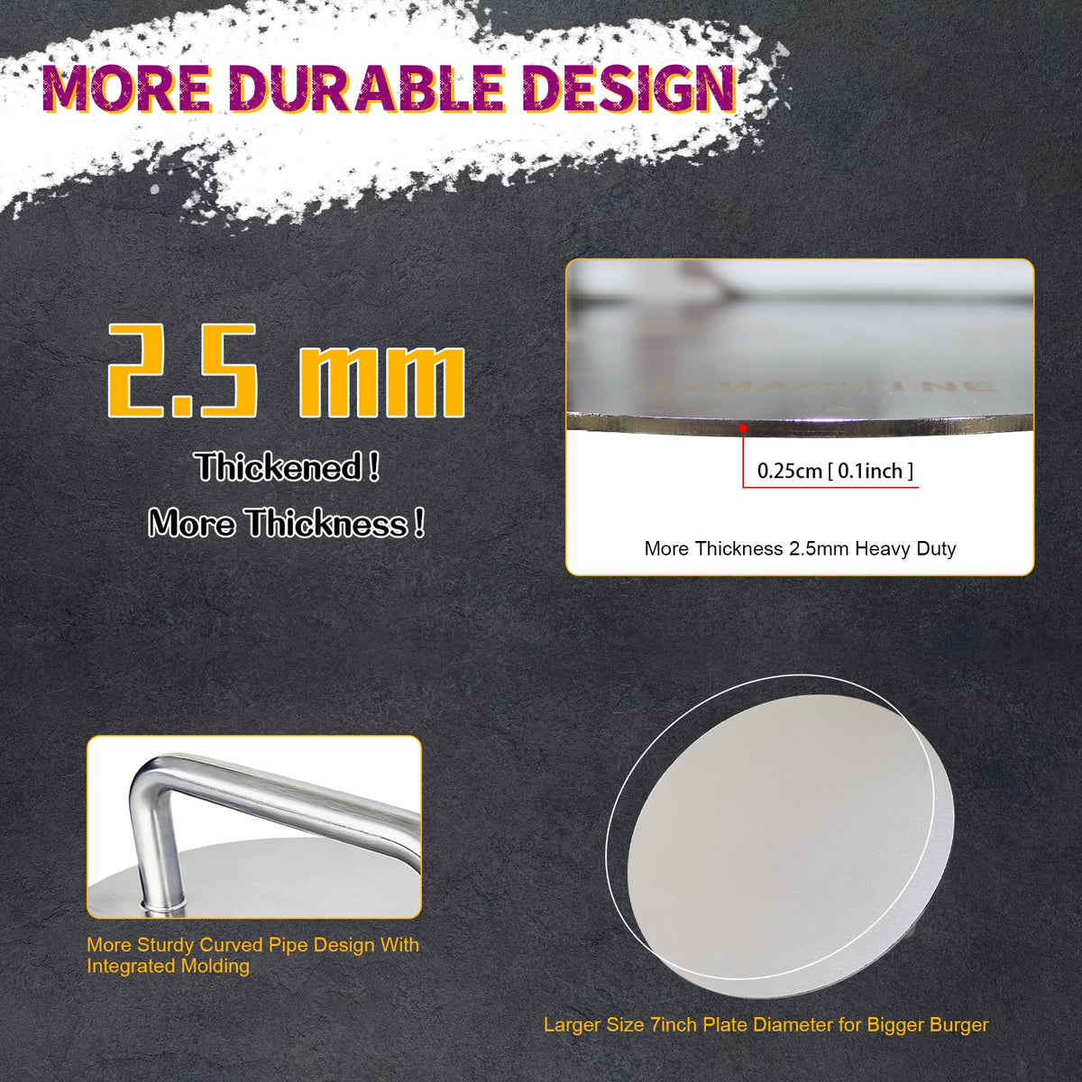 Brushed stainless steel bottom supports easy patty release and cleanability.