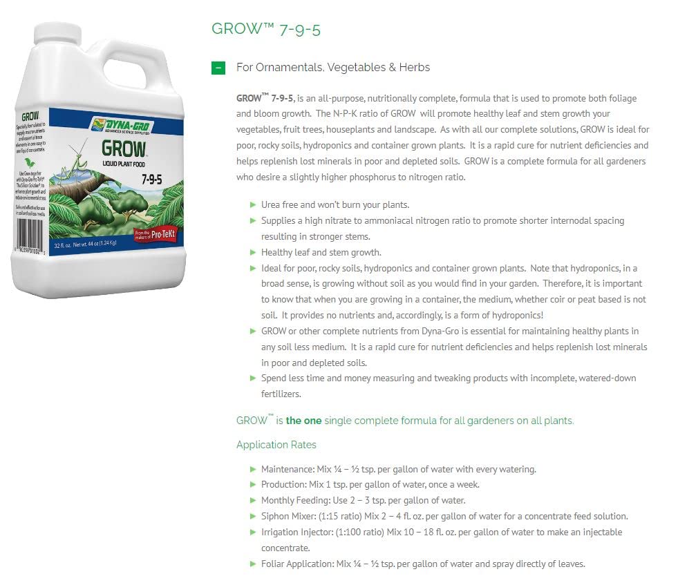 Dyna-Gro Grow nutrition closeup reveals clear liquid formula