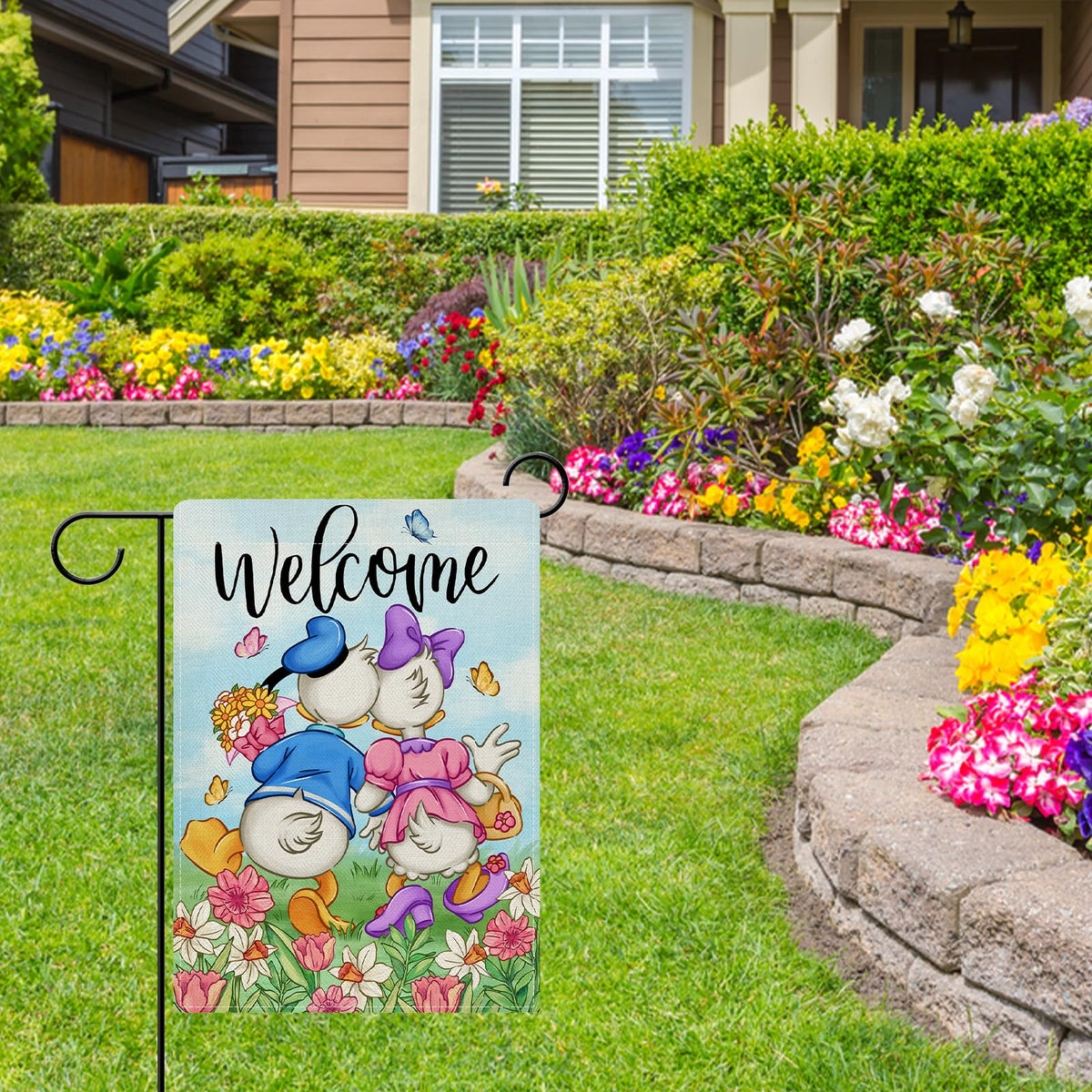 Dyrenson burlap texture flag offers rustic outdoor charm