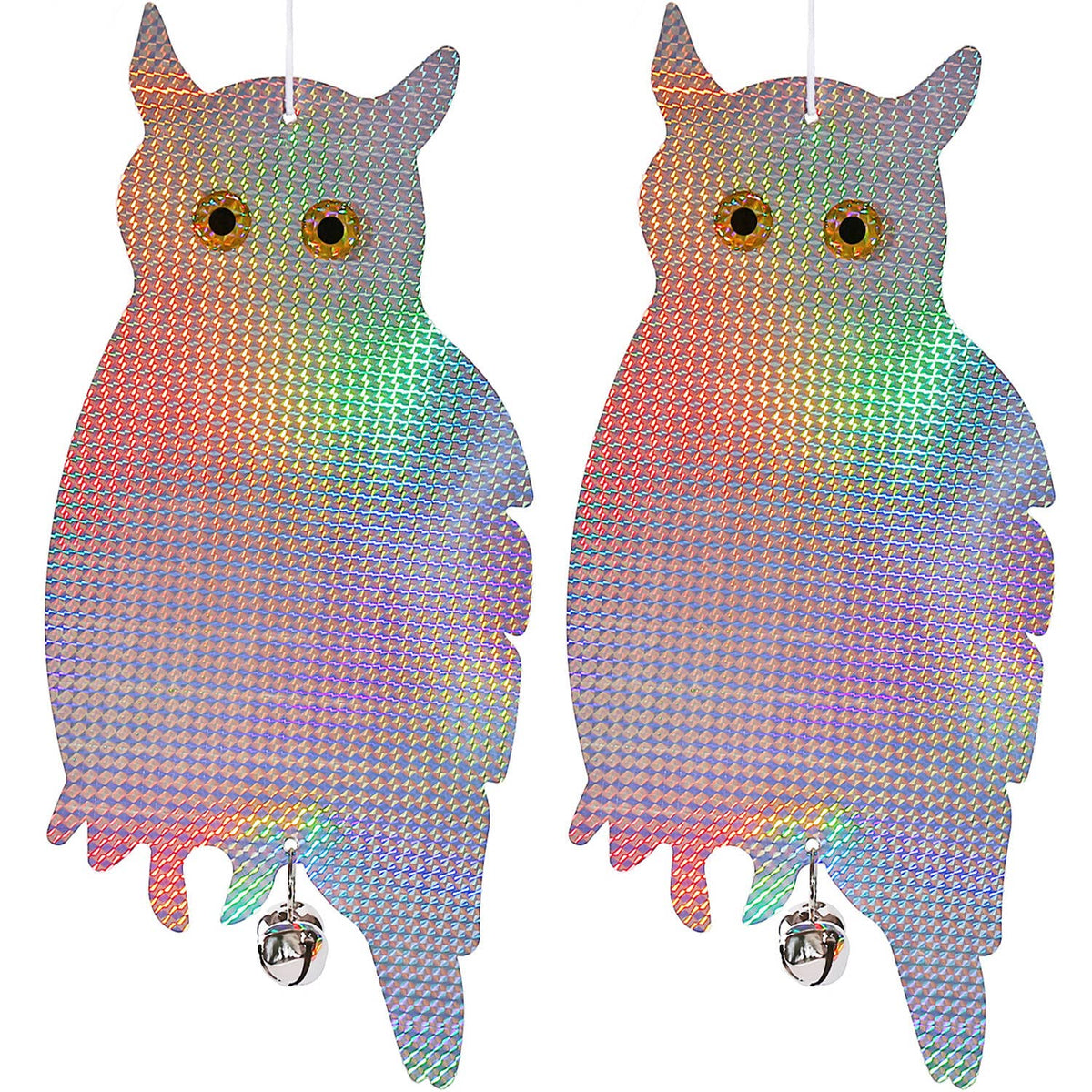 Dyvicl fake owl hanging with reflective eyes deters birds from gardens and patios