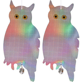 Dyvicl fake owl hanging with reflective eyes deters birds from gardens and patios