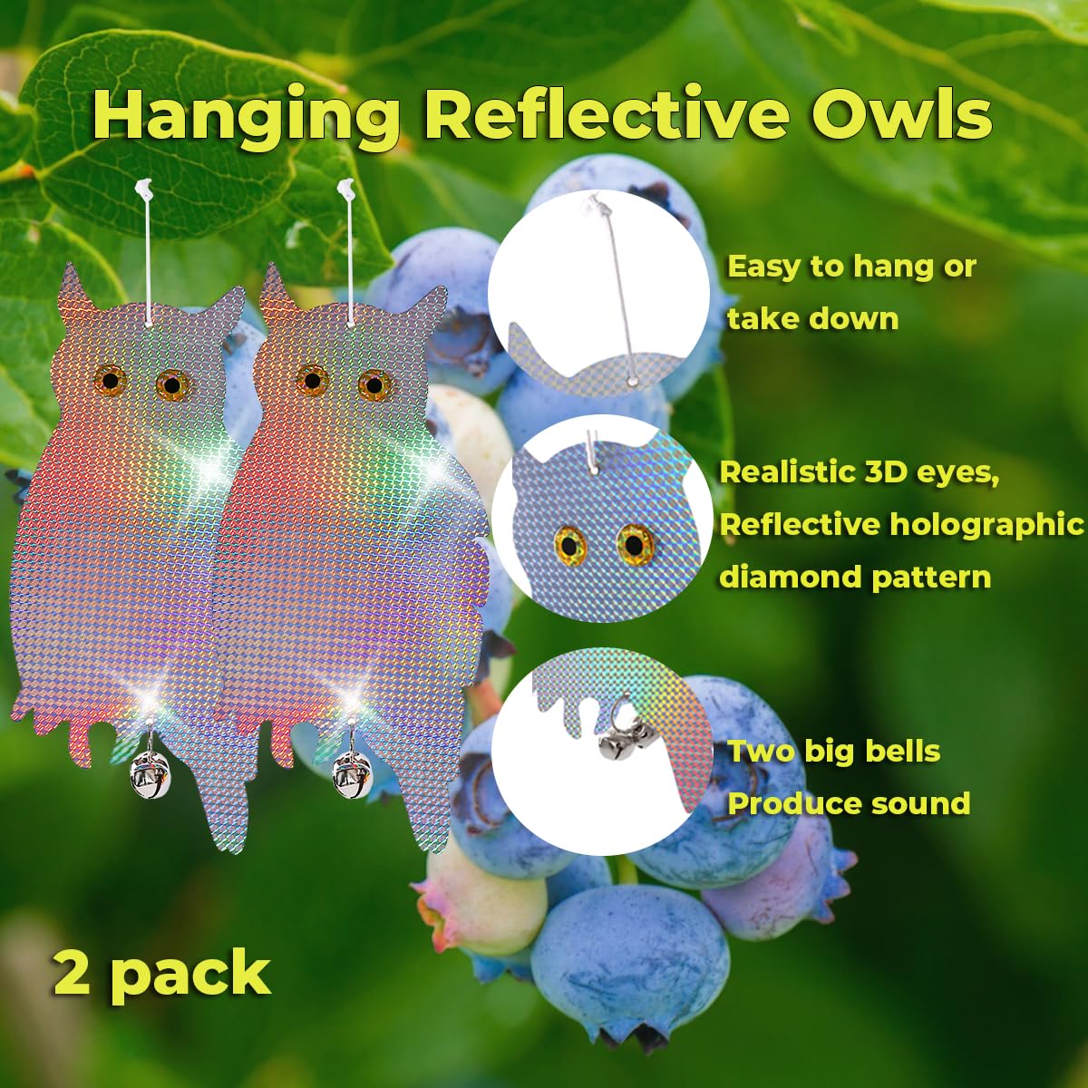 Dyvicl reflective owl eyes sparkle under sun, signaling birds away