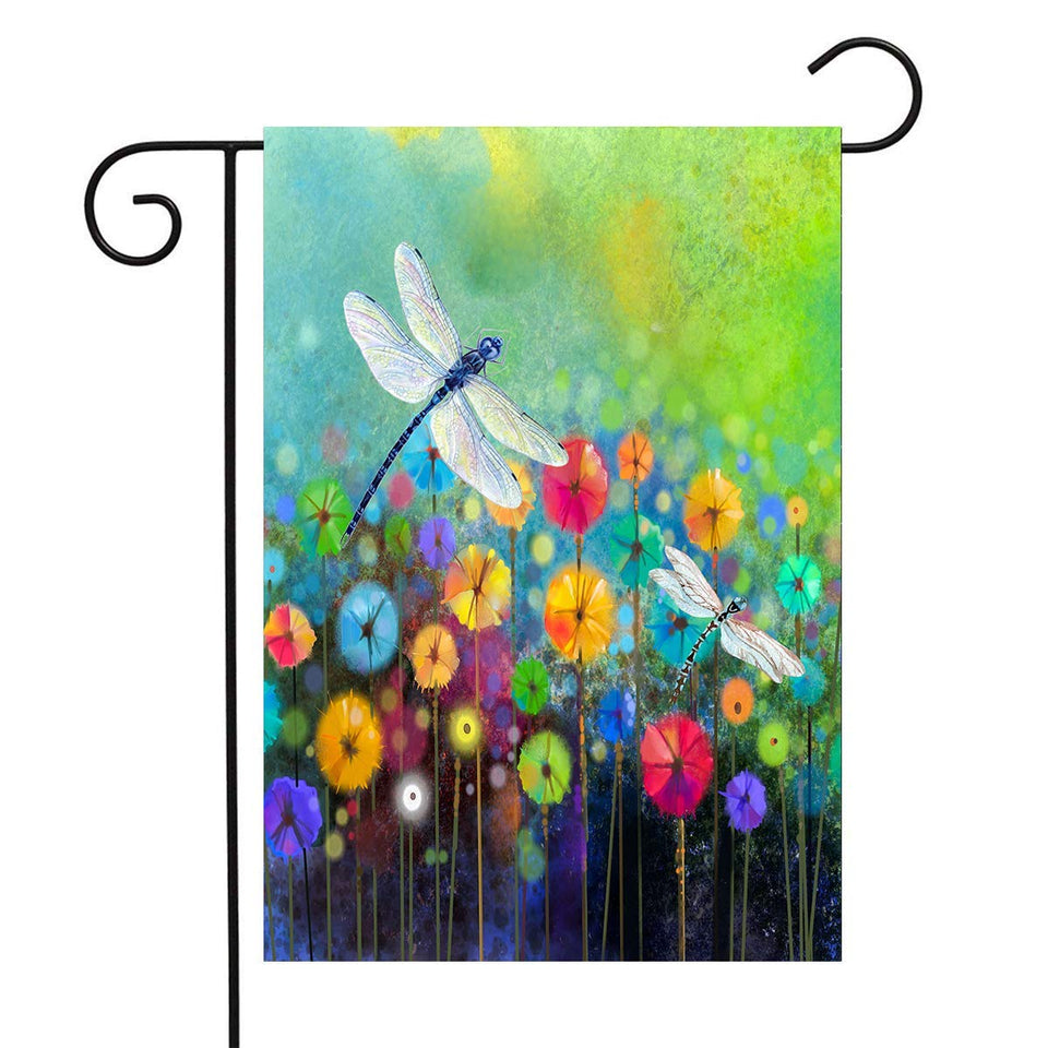 DZGlobal 12x18 Summer Flowers flag with dragonfly for outdoor decor, ideal for porch or lawn.