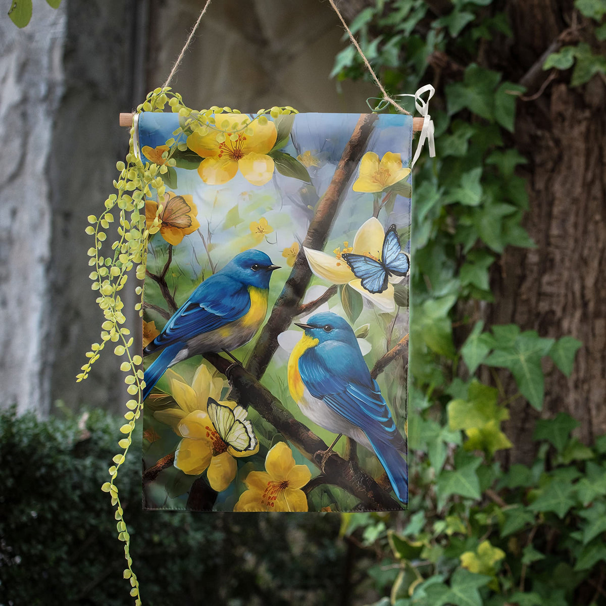 DZGlobal floral bluebird flag makes a cheerful welcome on front porches.