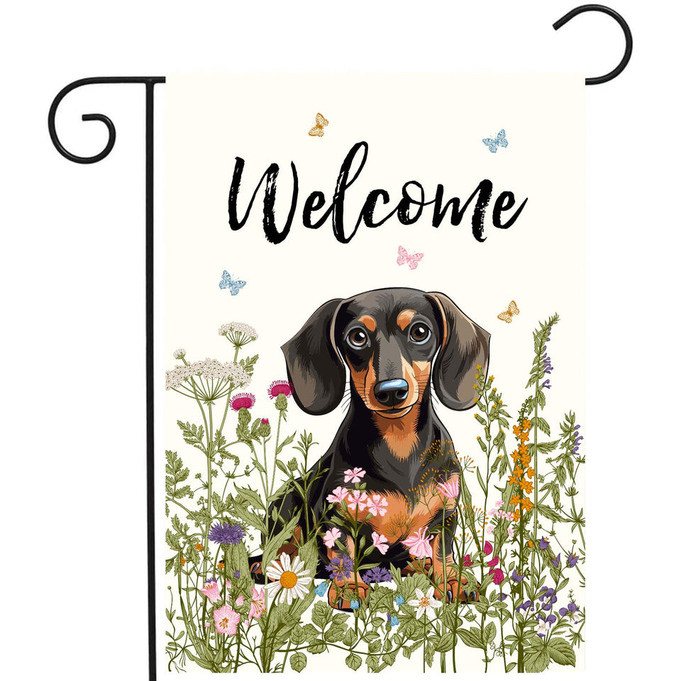 DZGlobal floral dachshund flag front view highlights vibrant spring colors for outdoor welcome
