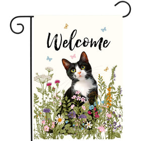 DZGlobal Spring Cat Garden Flag front view with floral tuxedo cat for outdoors.
