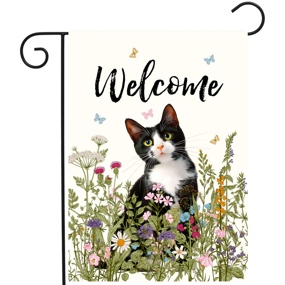 DZGlobal Spring Cat Garden Flag front view with floral tuxedo cat for outdoors.