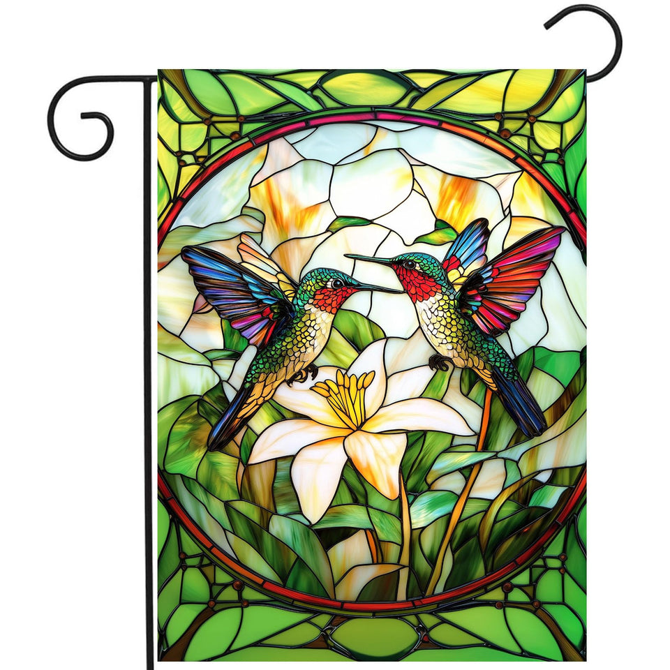 DZGlobal stained glass hummingbird flag front view, double-sided color enhances porch curb appeal.