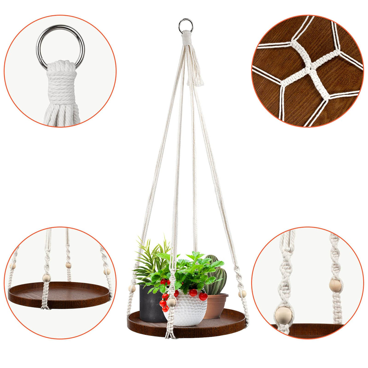 E-Know two-pack macrame hanging shelf keeps plants organized and visually appealing.