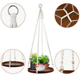 E-Know two-pack macrame hanging shelf keeps plants organized and visually appealing.