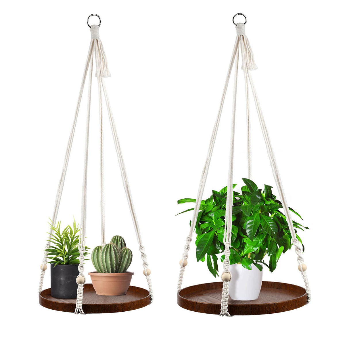 E-Know Macrame Hanger with Wooden Tray, stylish 2-pack set for indoor decor.