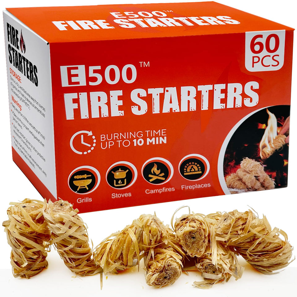 E500 fire starter 60-pack front view for bulk grilling sessions