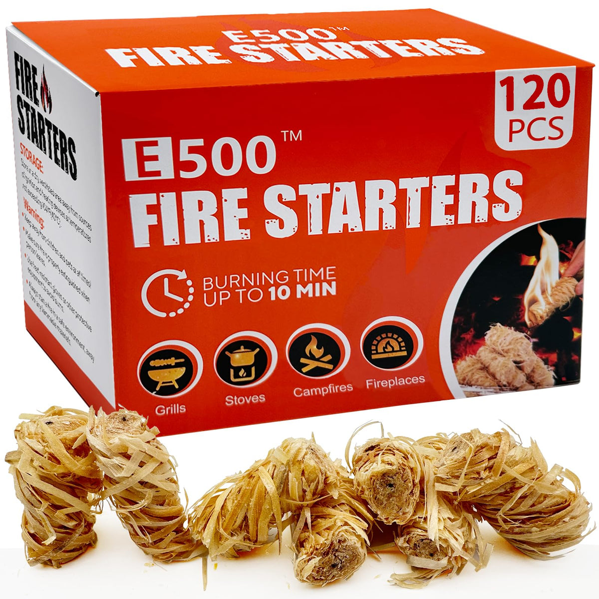 E500 Fire Starter pine long-burn for reliable fireplace lighting.