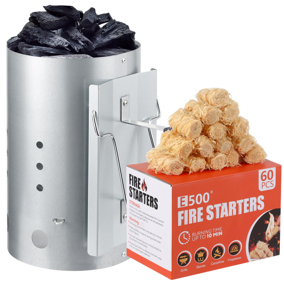 E500 larger charcoal chimney starter in action during ignition for fast grilling