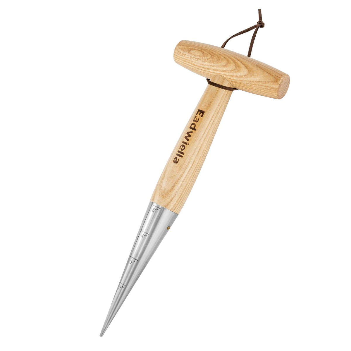 Eadwiella dibber with ash handle in close-up, sturdy for precise planting.