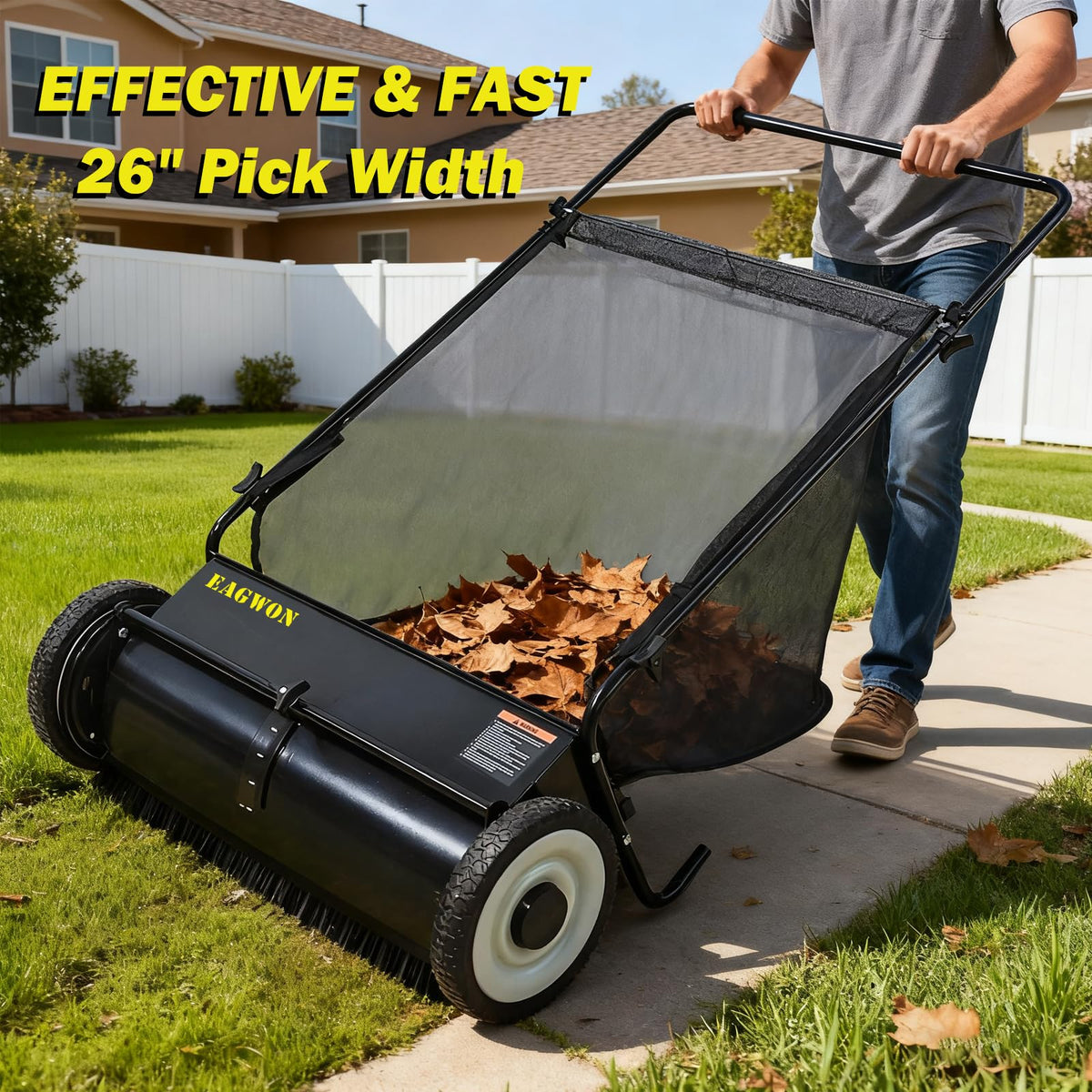 EAGWON lawn sweeper features four spinning brushes for thorough pickup.