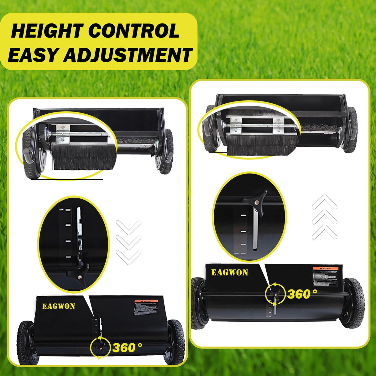 EAGWON lawn sweeper cleans leaves and grass across lawns and driveways.