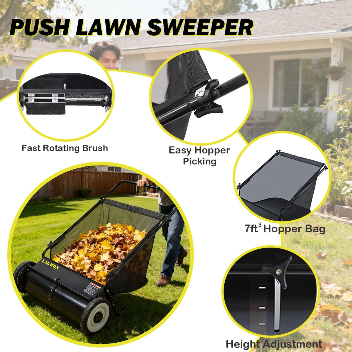 EAGWON sweeper showing a large 7 cu ft hopper for fewer dumps.