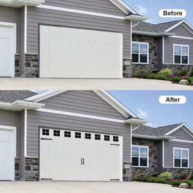 Eapele hinges on black garage door demonstrates quick, tool-free decorating.