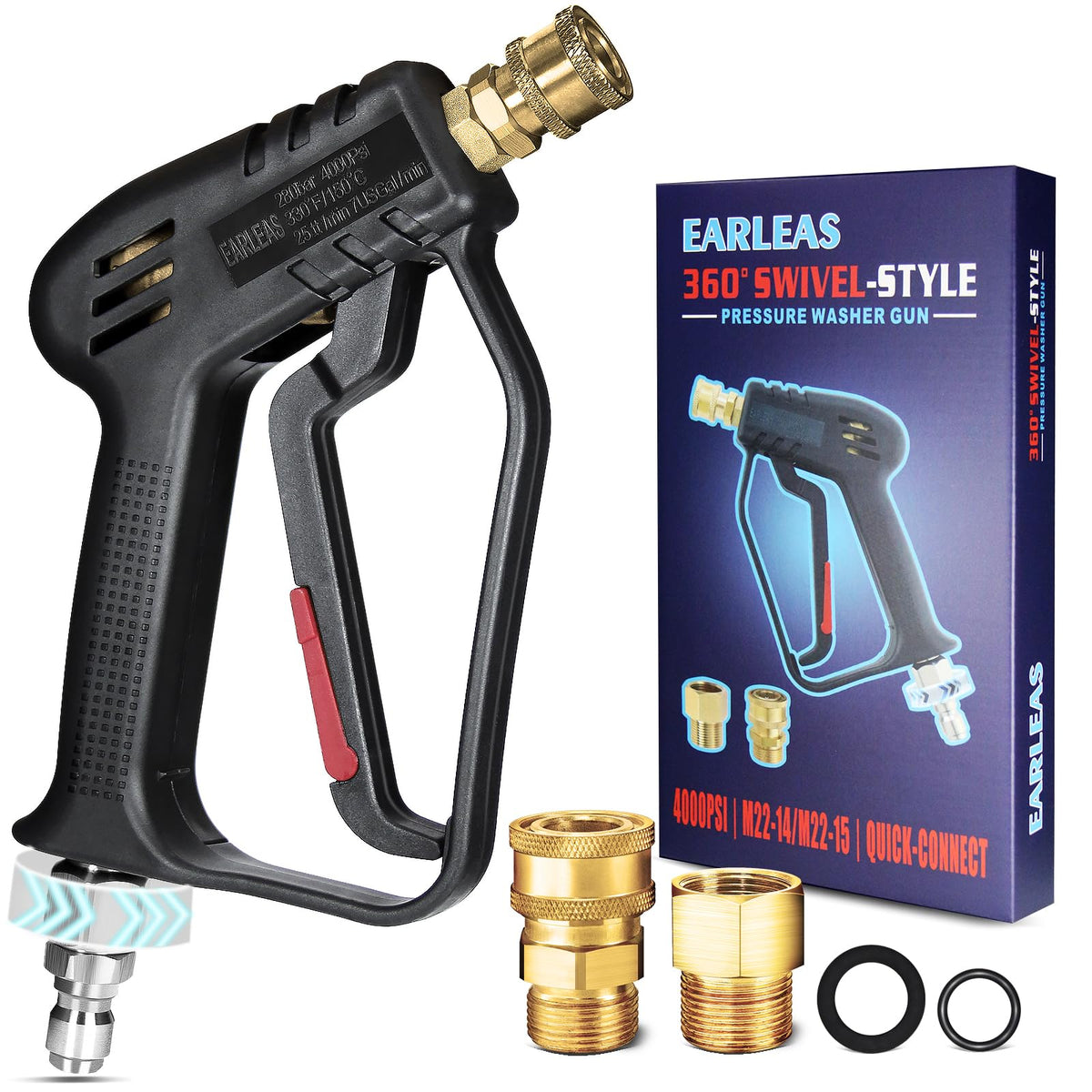 EARLEAS short pressure washer gun with 360° swivel for easy maneuvering