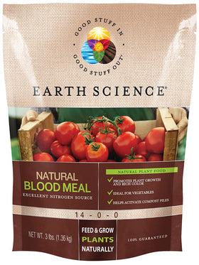 Earth Science Blood Meal in a 3 lb container nourishes soil for vibrant blooms.