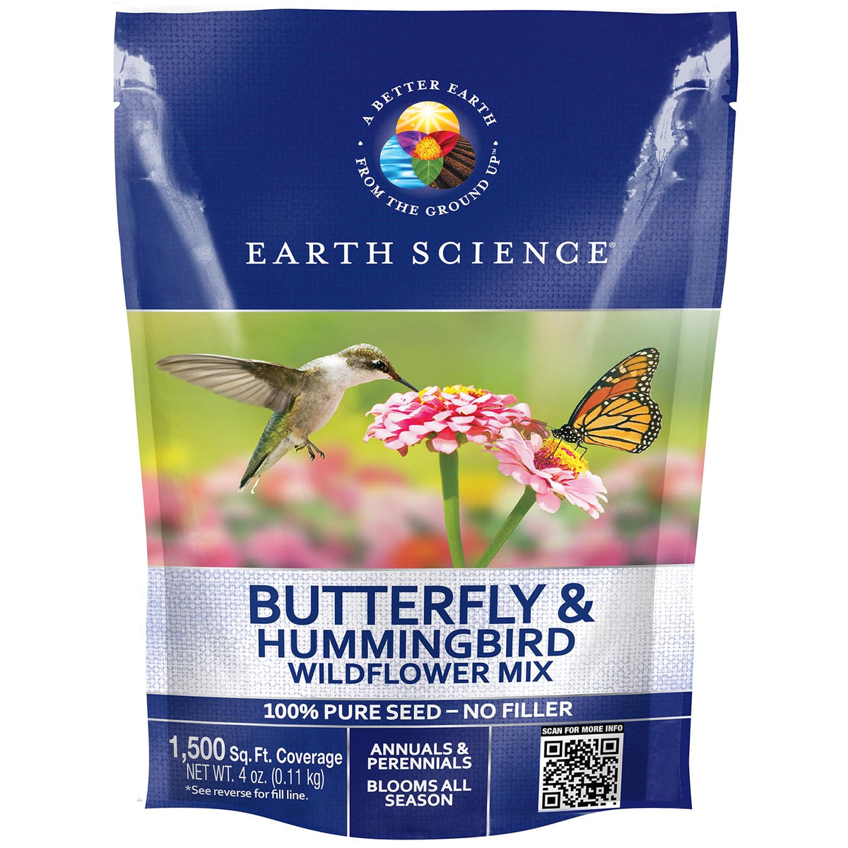 Earth Science butterfly-hummingbird wildflower seed blend bag for pollinator-friendly gardening.
