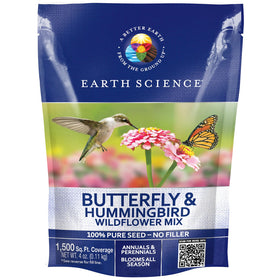 Earth Science butterfly-hummingbird wildflower seed blend bag for pollinator-friendly gardening.