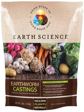 Earth Science Earthworm Castings bag for enriched soil and healthy indoor plants.