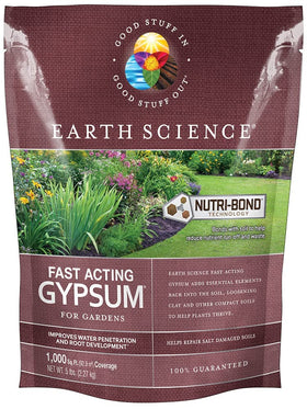 Earth Science fast acting gypsum granules loosening compact soil for better water penetration.