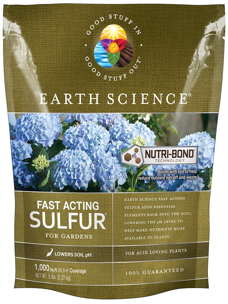 Earth Science Fast Acting Sulfur granules in a bag closeup for quick soil pH adjustment
